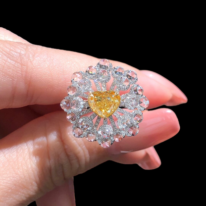 Zupstyle Heart Shaped Fancy Yellow Diamond Ring in 18K White Gold with Diamond Flower Accents