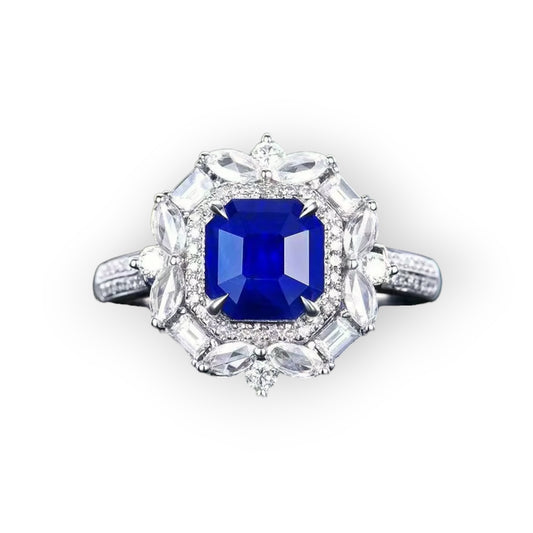 Exquisite 2.22 Carat Cushion Natural Royal Blue Sapphire Ring with Diamond Accents in 18K White Gold