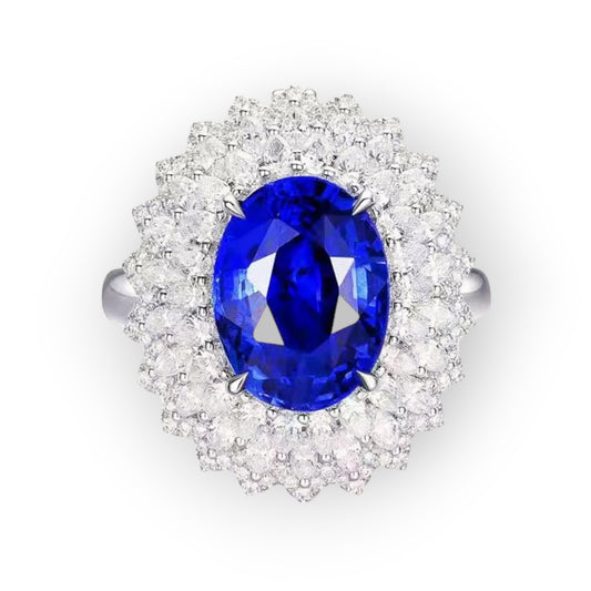 Regal Elegance: Natural Sapphire 5.5 Carats Ring in 18K White Gold Coneflower Style