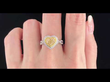 1.11 ct Heart Yellow Diamond Double Halo White Diamond Ring in 18K White Gold Certified