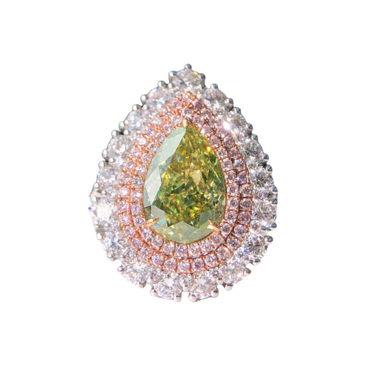 ZUPSTYLE Pear Fancy Brownish Greenish Yellow Diamond with White Diamonds Ring in 18K White Gold GIA Certified