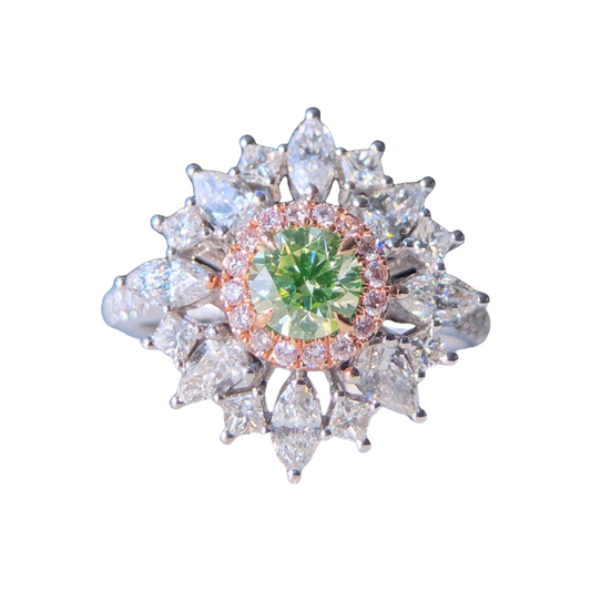 ZUPSTYLE Brilliant Round Light Greenish Yellow Diamond Halo Spiked Diamonds Ring In 18K White Gold GIA Certified