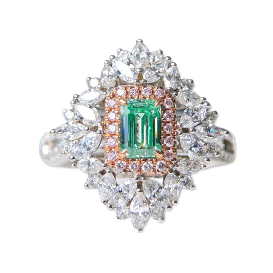 ZUPSTYLE Emerald Cut Fancy Light Green Diamond Halo Diamonds Ring in 18K White Gold GIA Certified