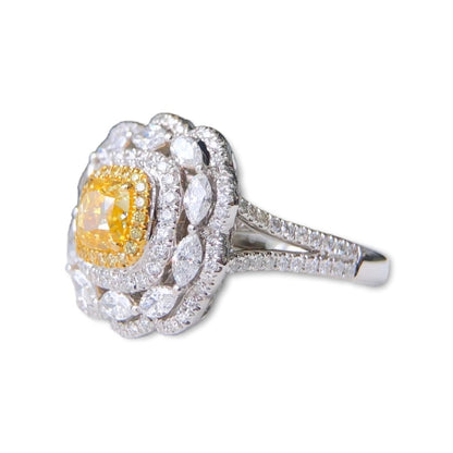 ZUPSTYLE Cushion Cut Fancy Yellow Diamond Quadruple Halo Diamonds Ring in 18K White Gold Certified