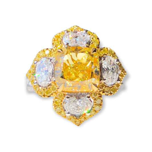 ZUPSTYLE Cushion Fancy Intense Yellow Diamond with Starburst Diamonds in 18K White Gold Ring GIA Certified