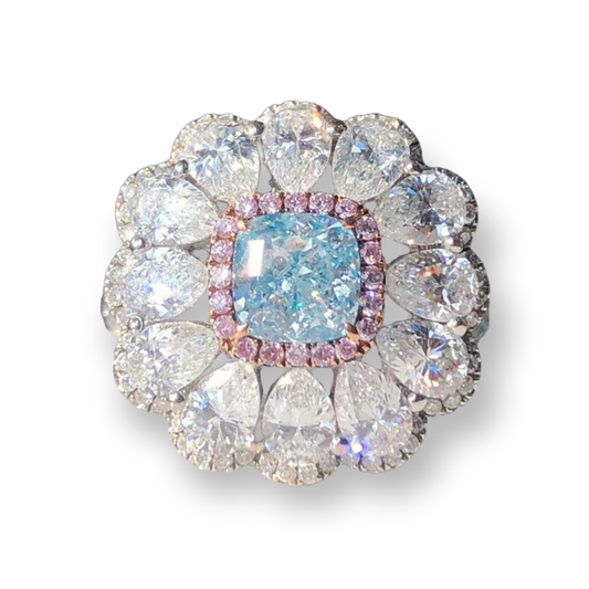 ZUPSTYLE Brilliant Cushion Fancy Light Greenish Blue Diamond Halo Diamond Ring In 18K White Gold Certified GIA