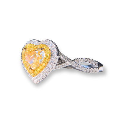 ZUPSTYLE 1.11 ct Heart Yellow Diamond Double Halo White Diamond Ring in 18K White Gold Certified