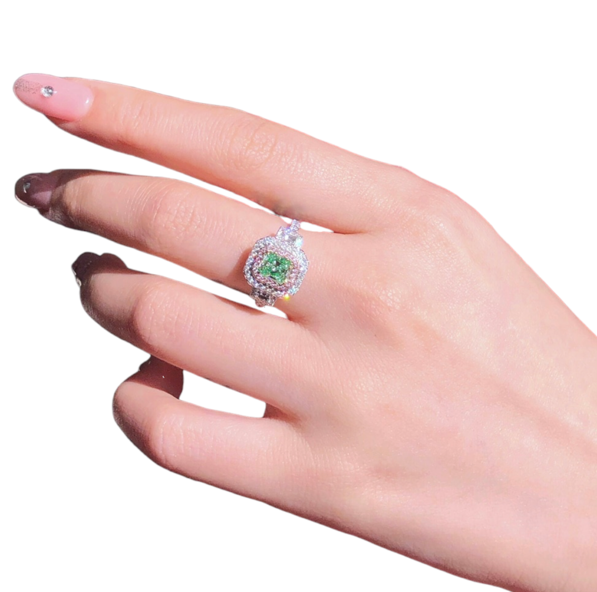 Brilliant Cushion Green Diamond Ring  on female  finger