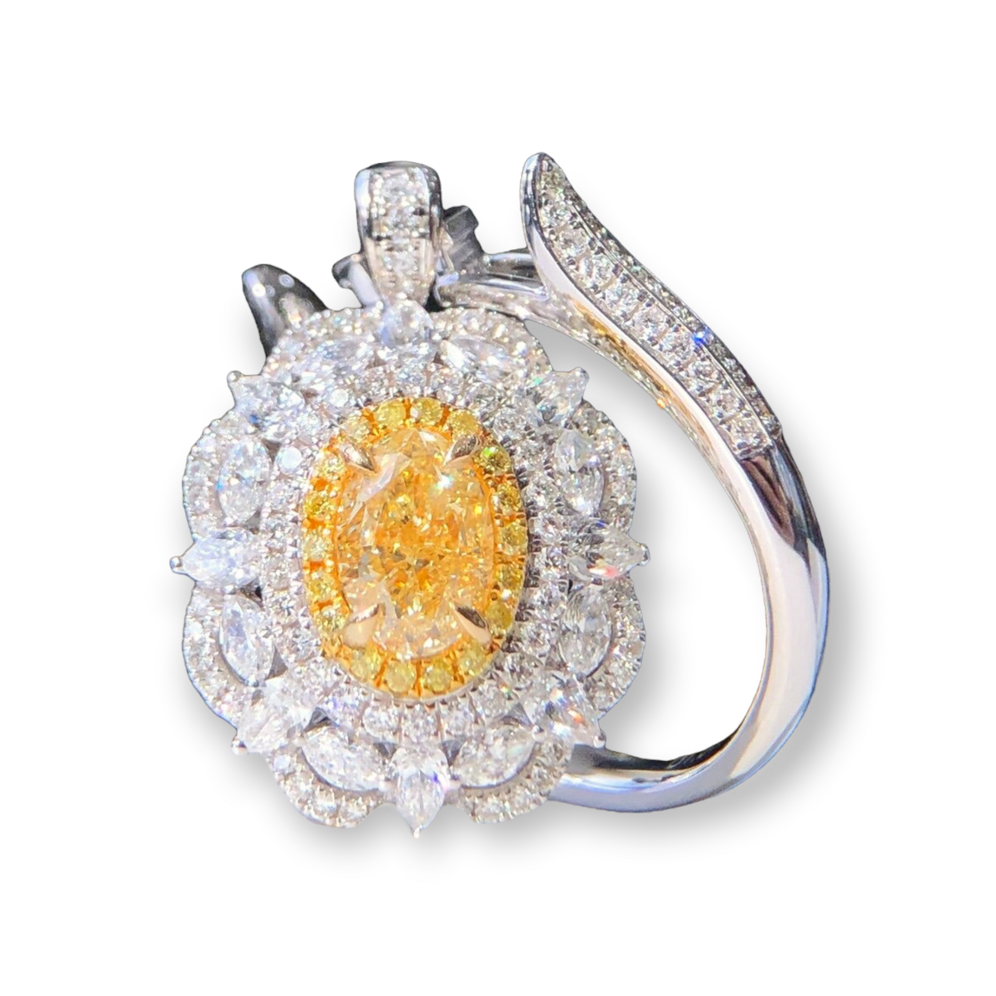 ZUPSTYLE Brilliant Oval Yellow Diamond Halo White Diamond Ring in 18K White Gold