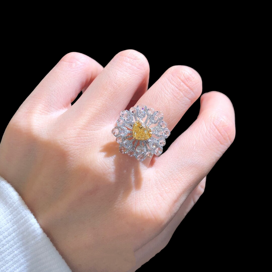 Zupstyle Heart Shaped Fancy Yellow Diamond Ring in 18K White Gold with Diamond Flower Accents