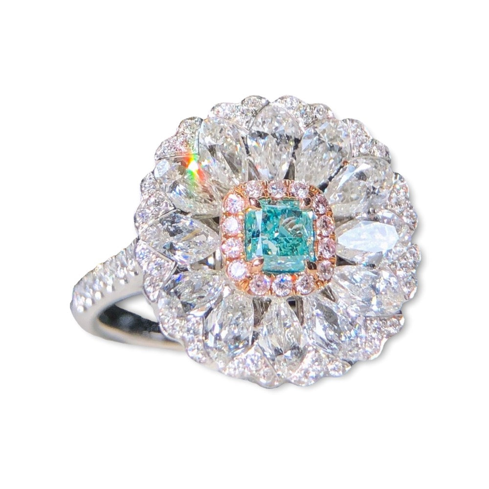 ZUPSTYLE Radiant Fancy Light Bluish Green Diamond Halo Petal White Diamonds Ring White Gold GIA Certified