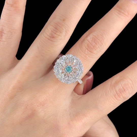ZUPSTYLE Radiant Fancy Light Bluish Green Diamond Halo Petal White Diamonds Ring White Gold GIA Certified