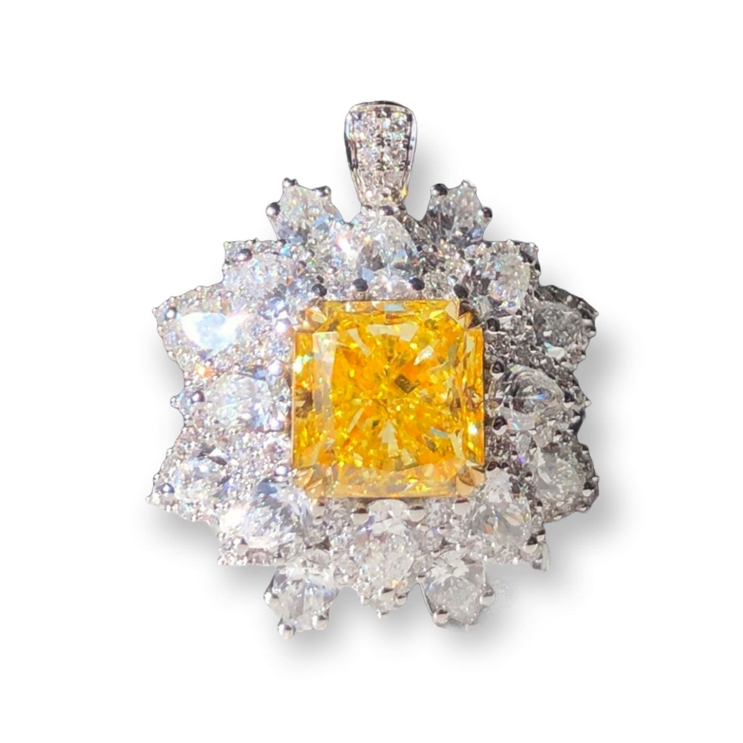 ZUPSTYLE Fancy Intense Yellow Diamond Halo Spiked White Diamond in 18K White Gold Ring GIA Certified