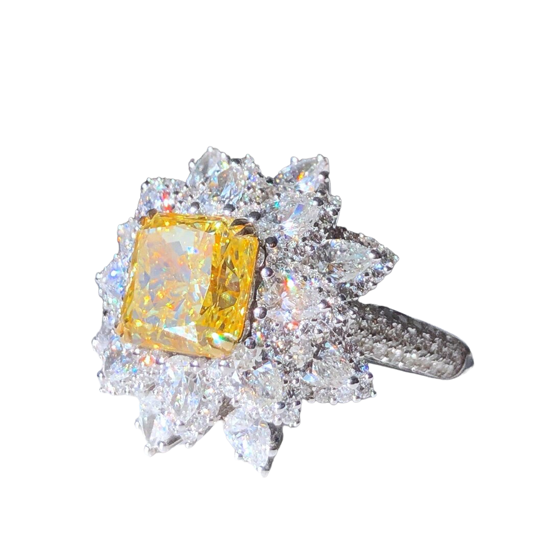 ZUPSTYLE Fancy Intense Yellow Diamond Halo Spiked White Diamond in 18K White Gold Ring GIA Certified