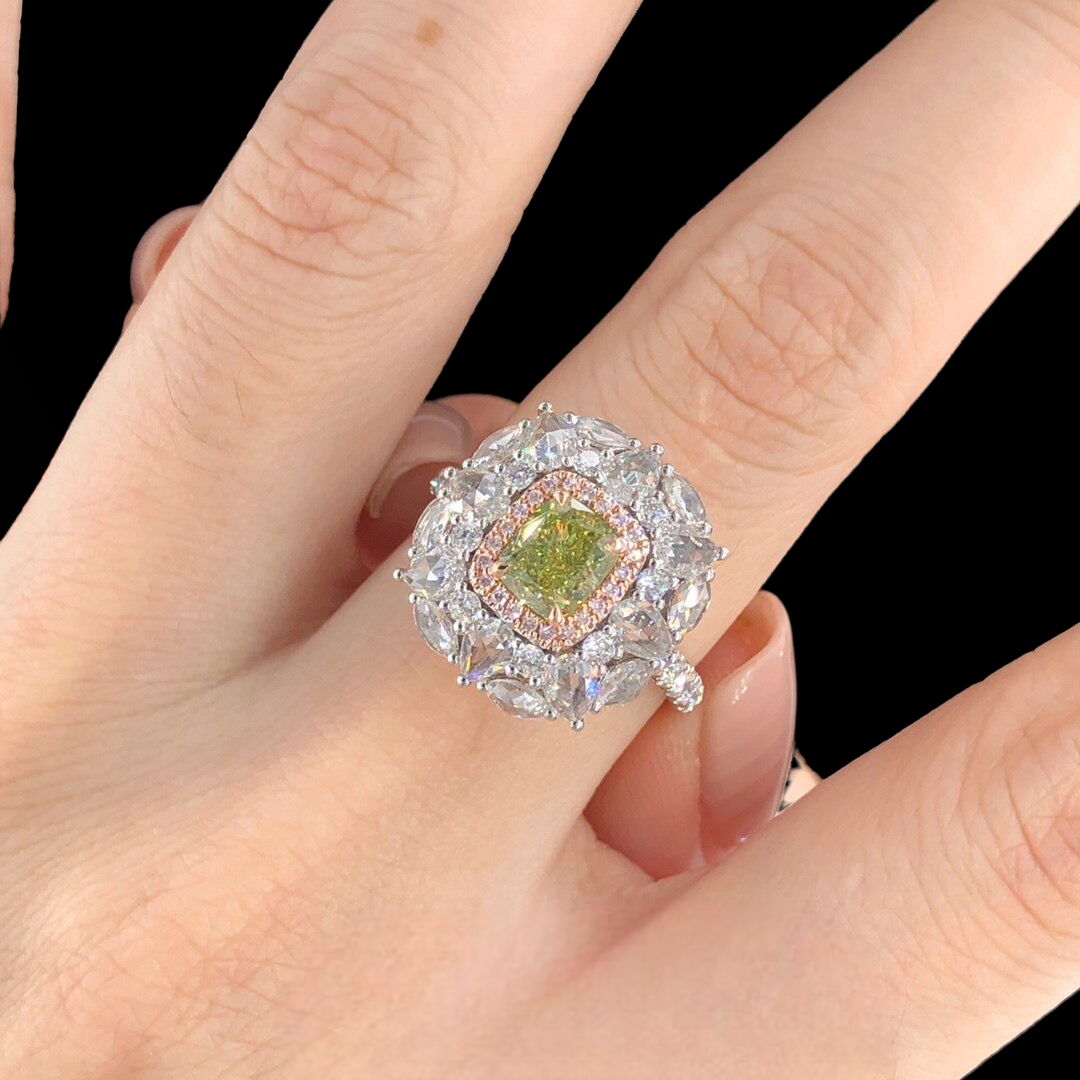 ZUPSTYLE Cushion Brownish Greenish Yellow Diamond Ring in 18K White Gold